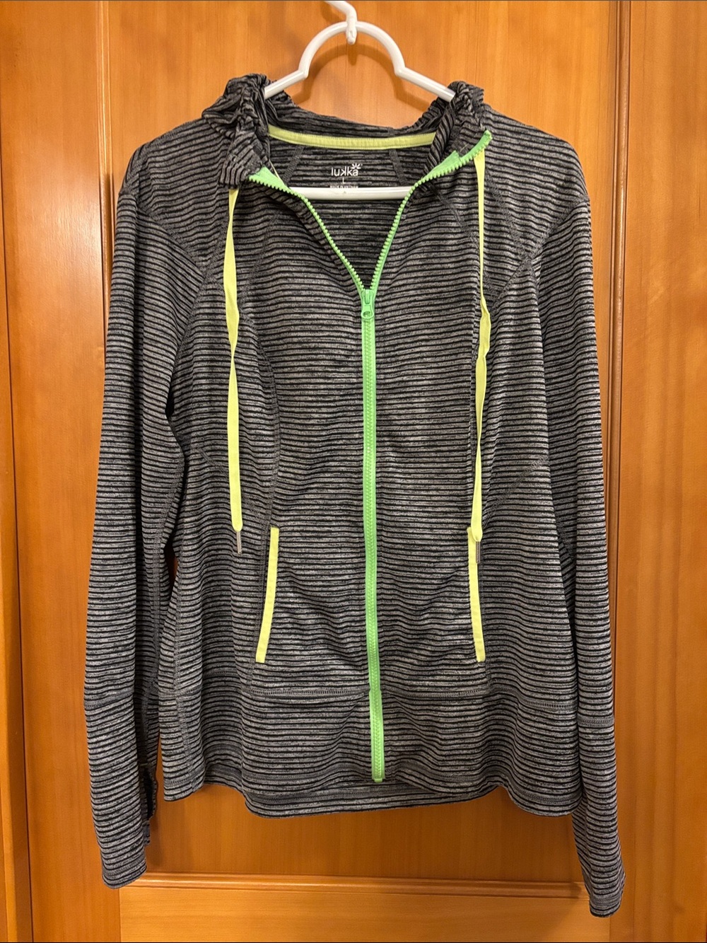 Women's Charcoal Striped Hooded Zip Sweater with Neon Accents